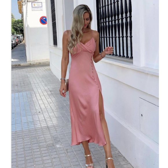 BLOGGER'S FAVE! Zara Buttoned Slip Dress Beige Pink Sz XS, L - Picture 5 of 17